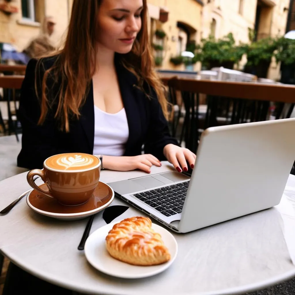 woman working from cafe