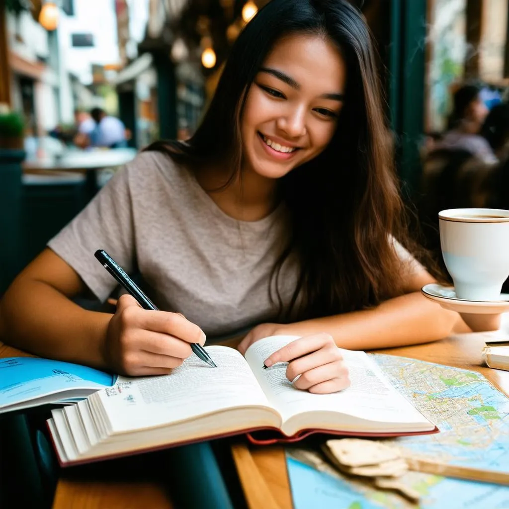 Woman Writing in Journal at Cafe