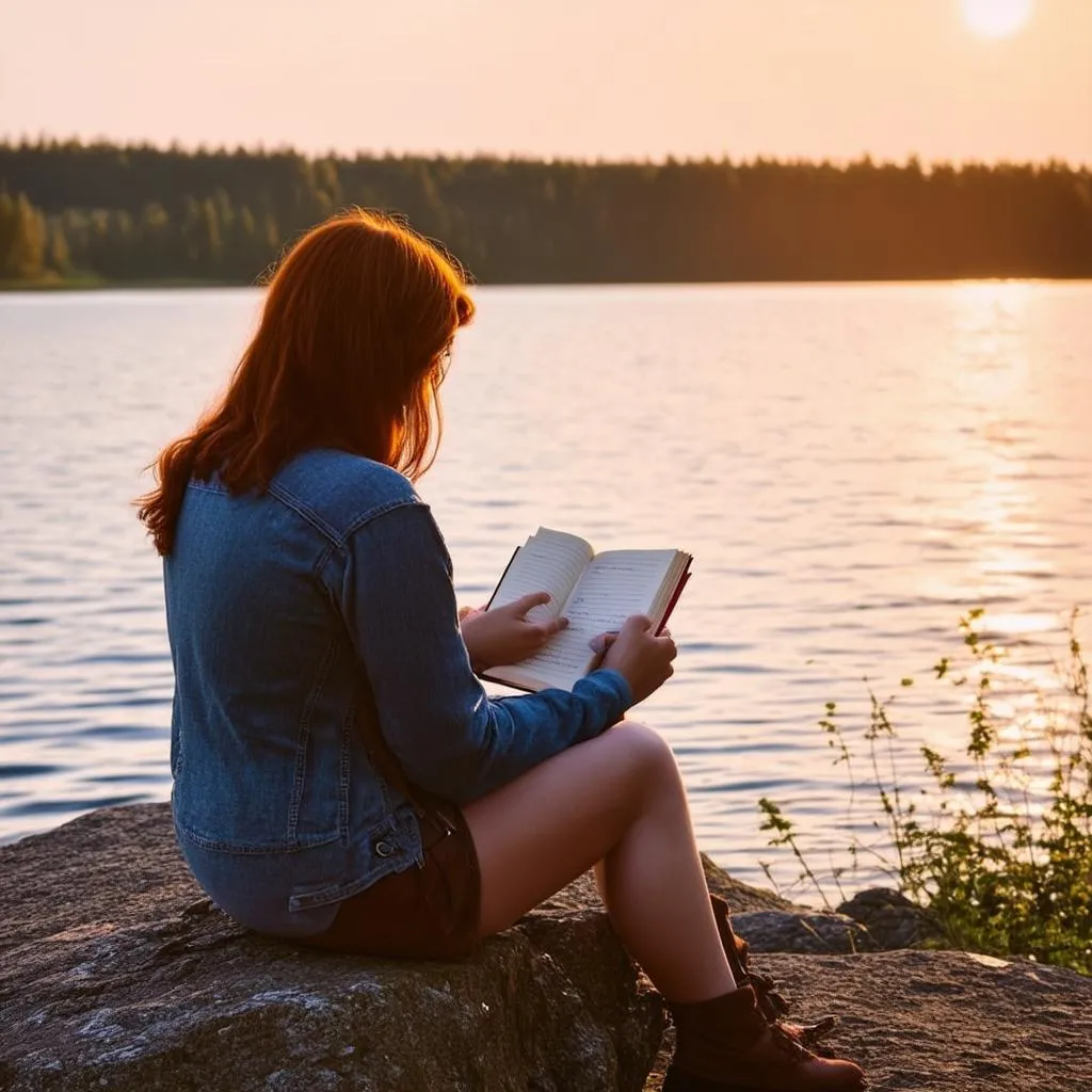 Woman Writing in Journal by Lake