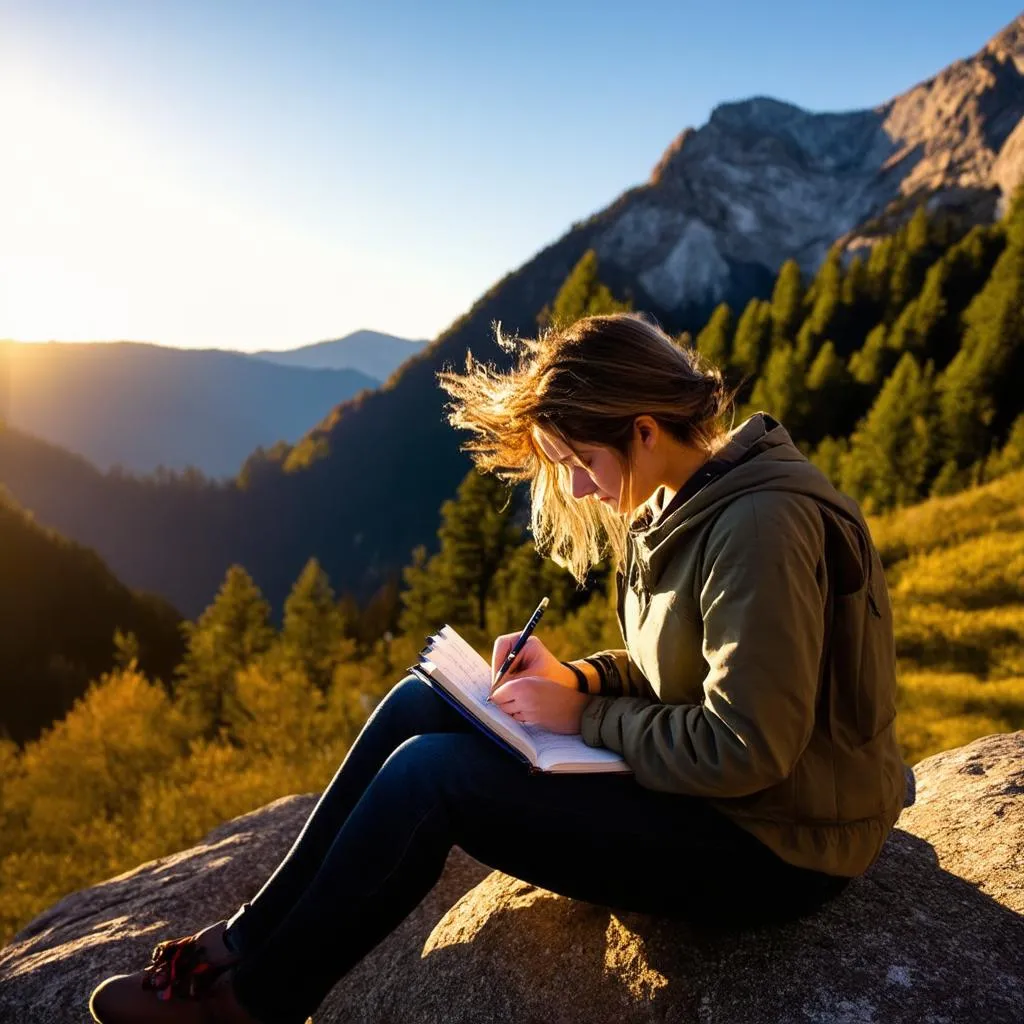 A woman sits on a mountaintop writing in a journal with a spectacular mountain view in the background.