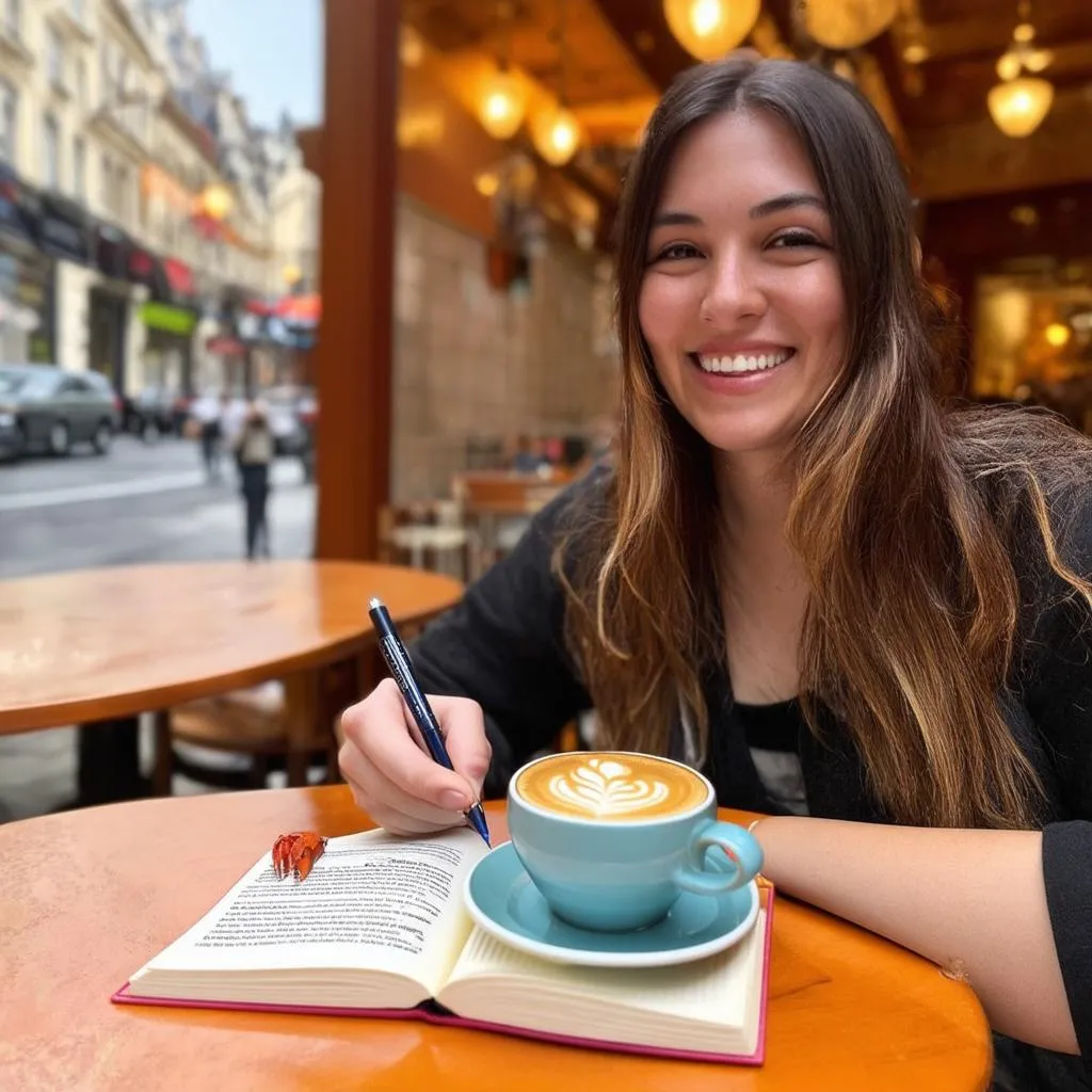 Woman writing in a notebook at a cafe