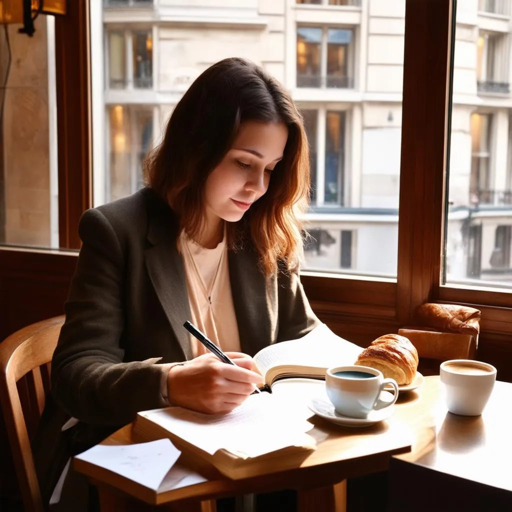 A woman writing in her notebook at a Parisian cafe