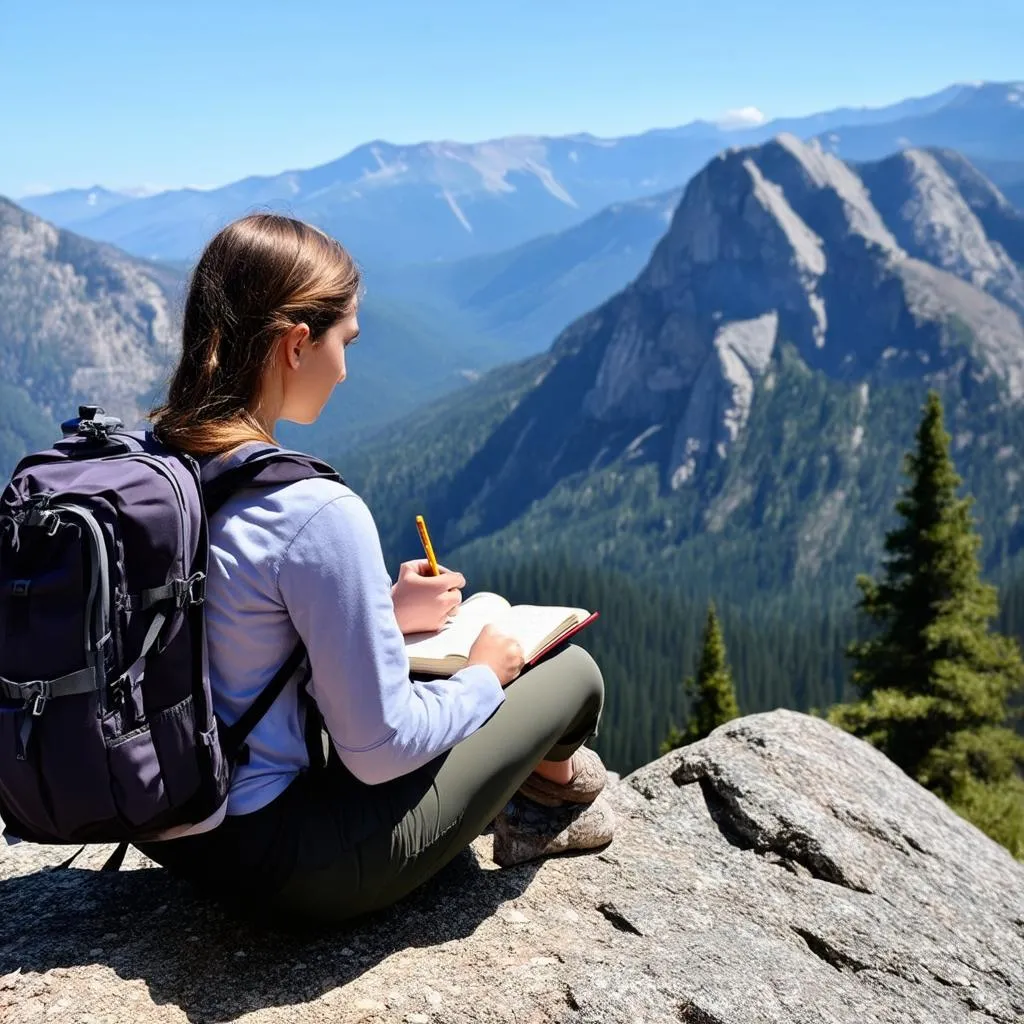 Woman Writing in Notebook on Mountaintop