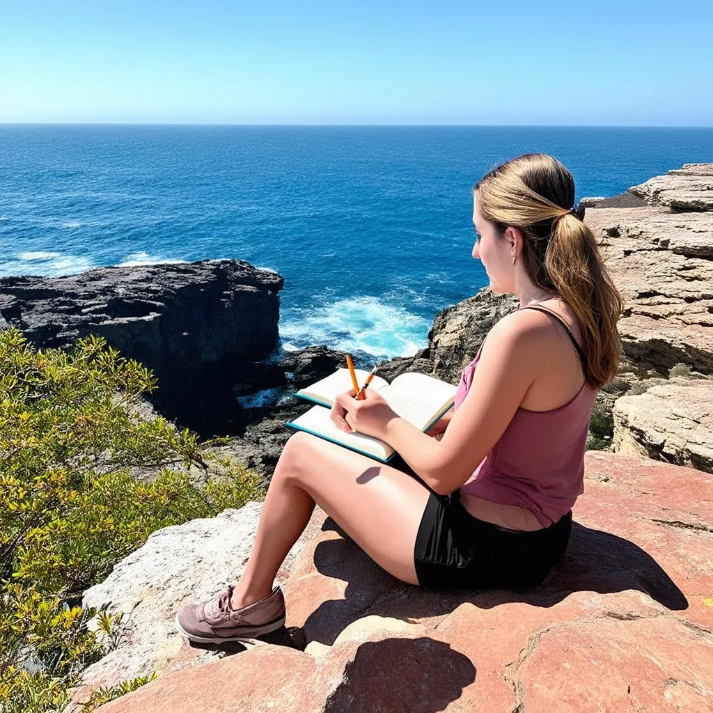 Woman writing in a travel journal