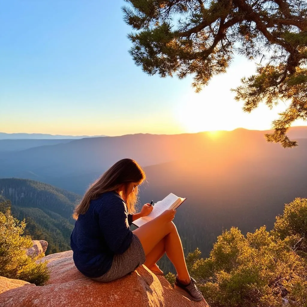 Woman Writing in Journal with Mountain View