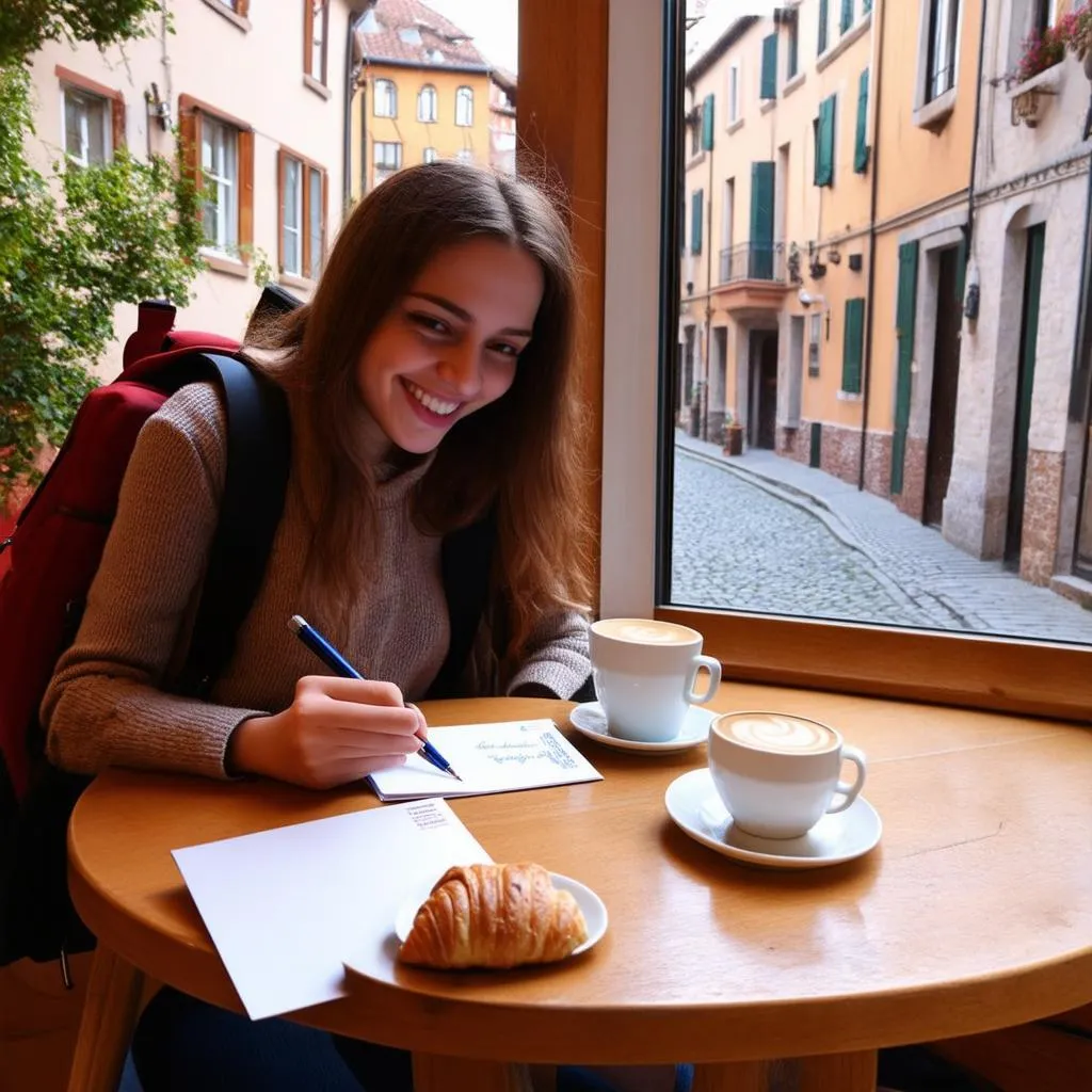 Woman writing a postcard while traveling