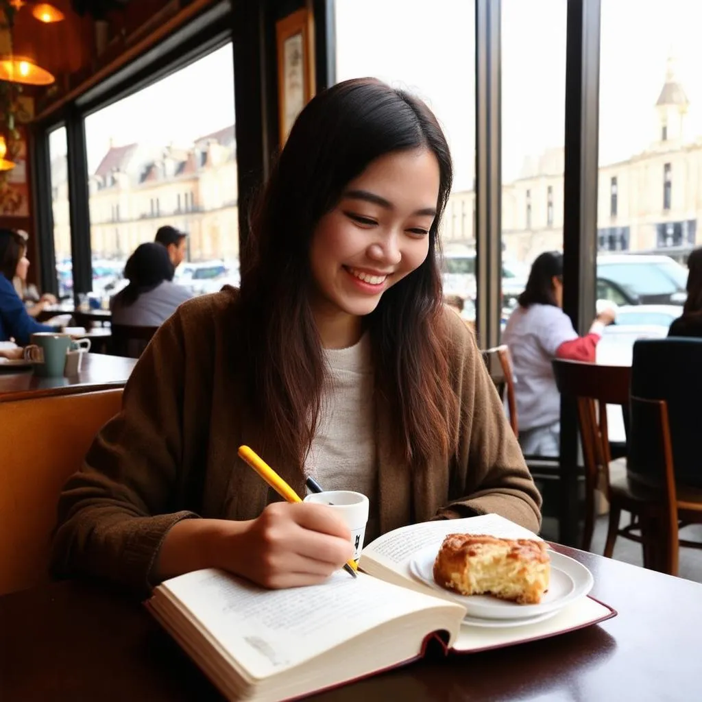 Woman writing in her travel journal at a cafe