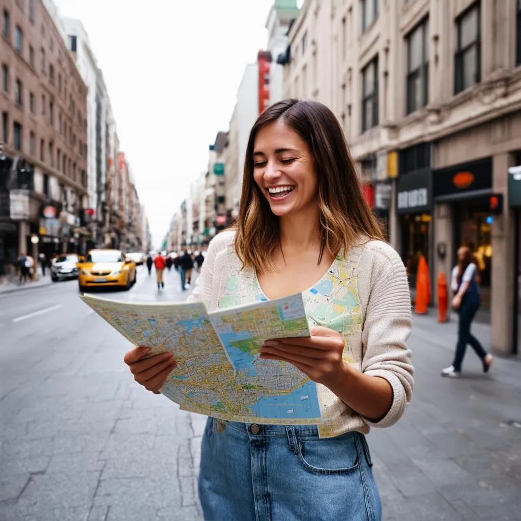 Smiling woman holding a map, planning her trip