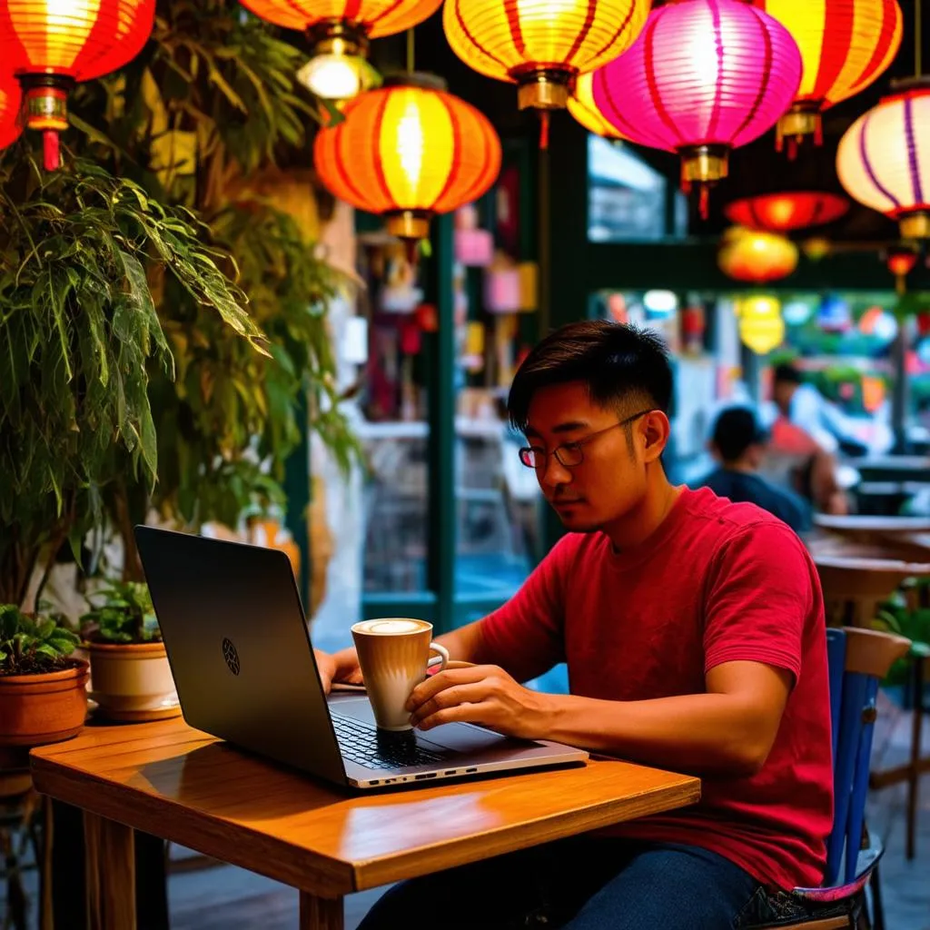 Digital Nomad with Laptop in Southeast Asian Cafe