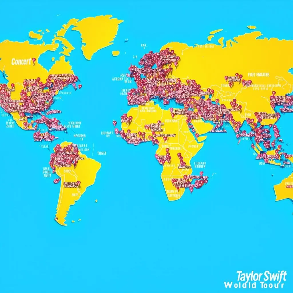 Taylor Swift's world tour dates marked on a map