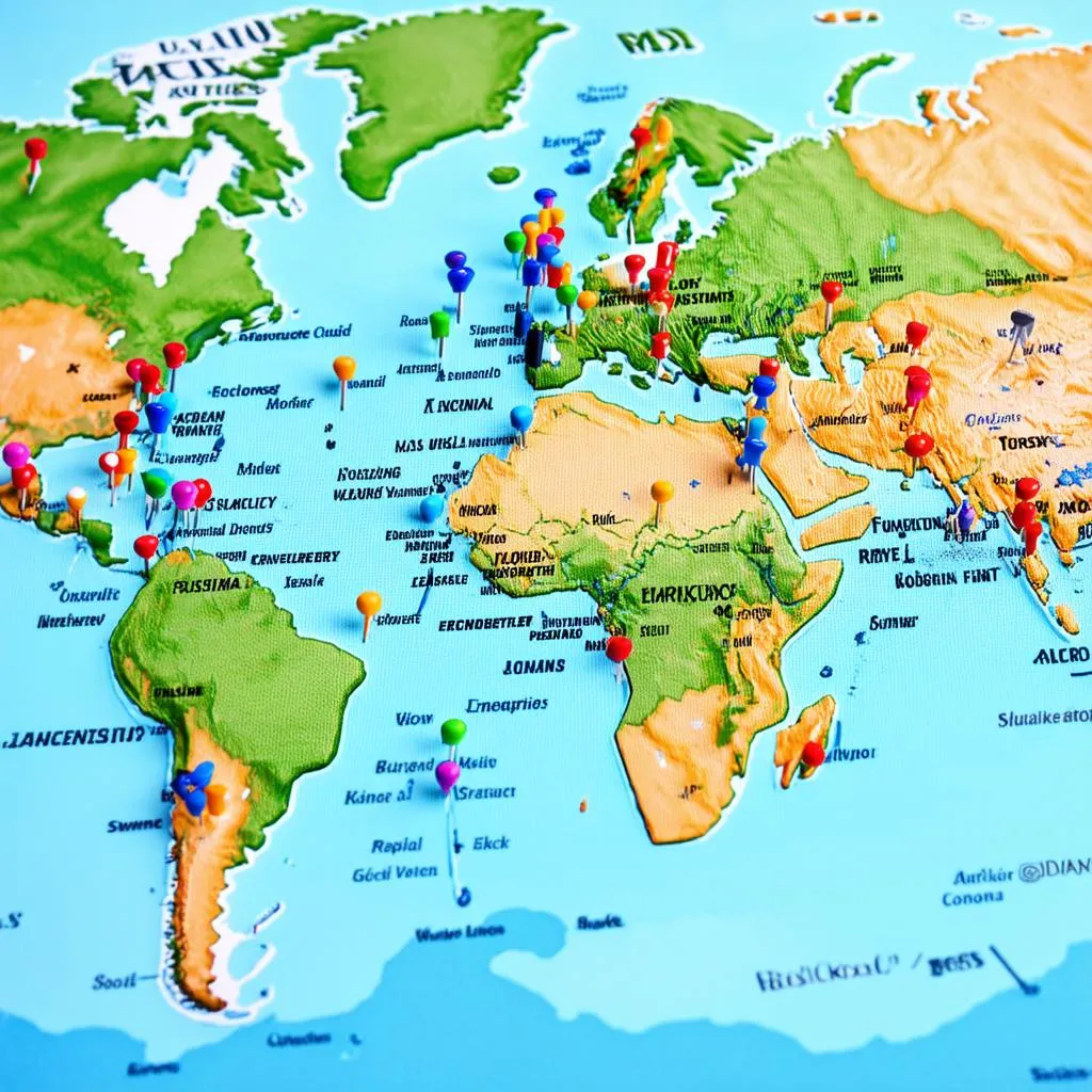 World map with pins marking travel destinations