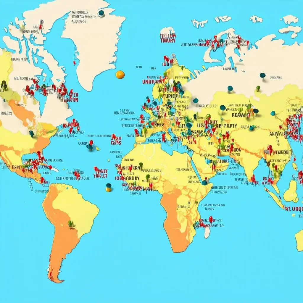 World Map with Pins Marking Different Destinations