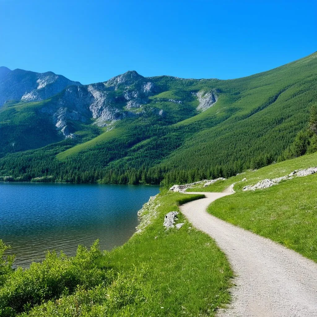 A serene lake surrounded by trees and mountains