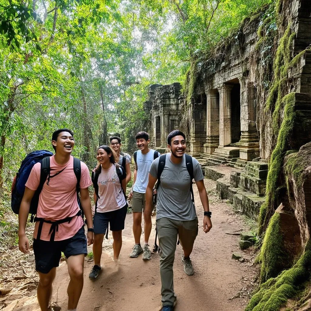 Young travelers exploring ancient ruins