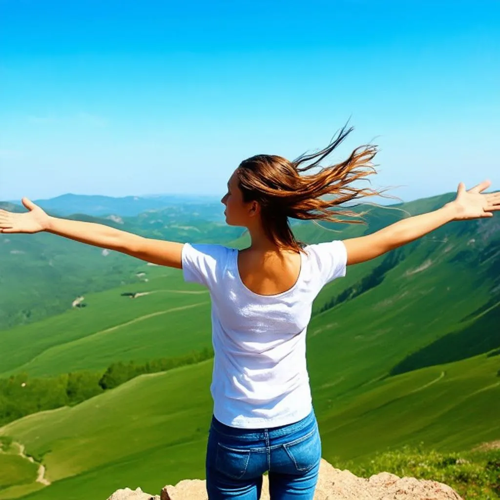 young woman on mountain top