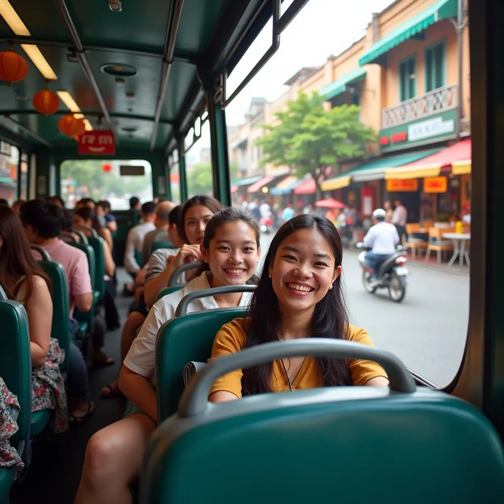 Group traveling in a 16-seater bus rental in Hanoi