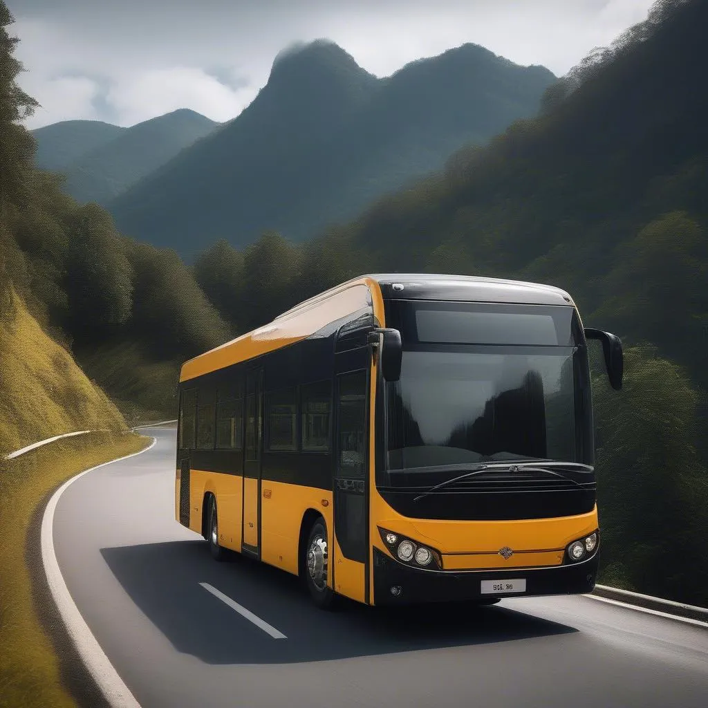 Modern 30 Seater Bus Navigating a Scenic Mountain Road