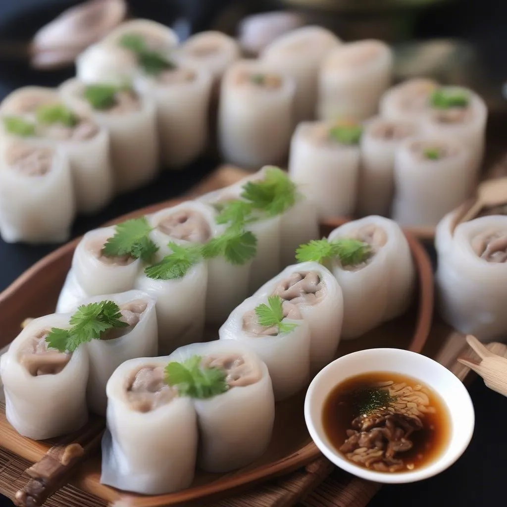 A plate of Banh cuon with dipping sauce