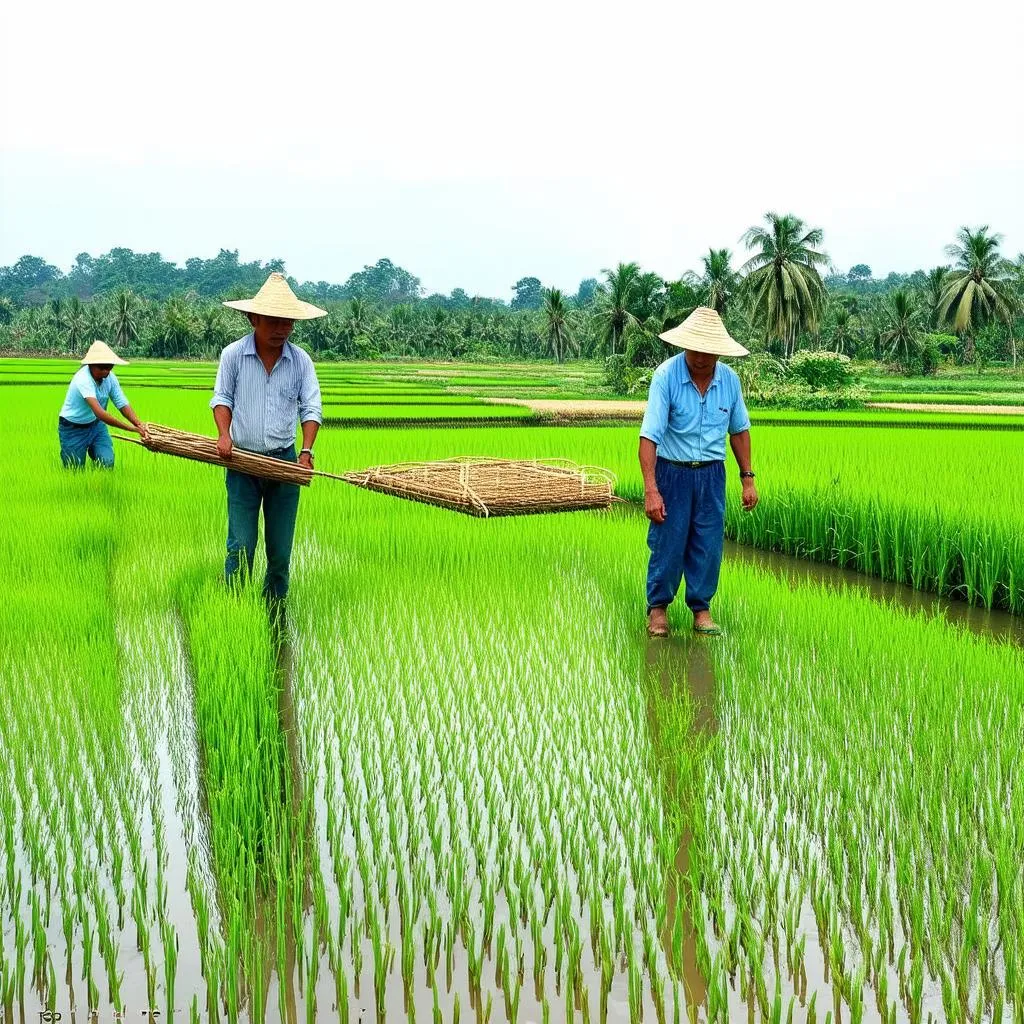 Farmers working in rice paddy fields