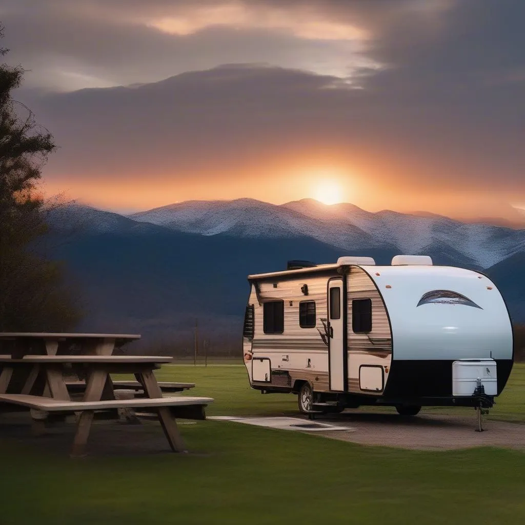 Travel trailer parked at a scenic campsite for a photoshoot