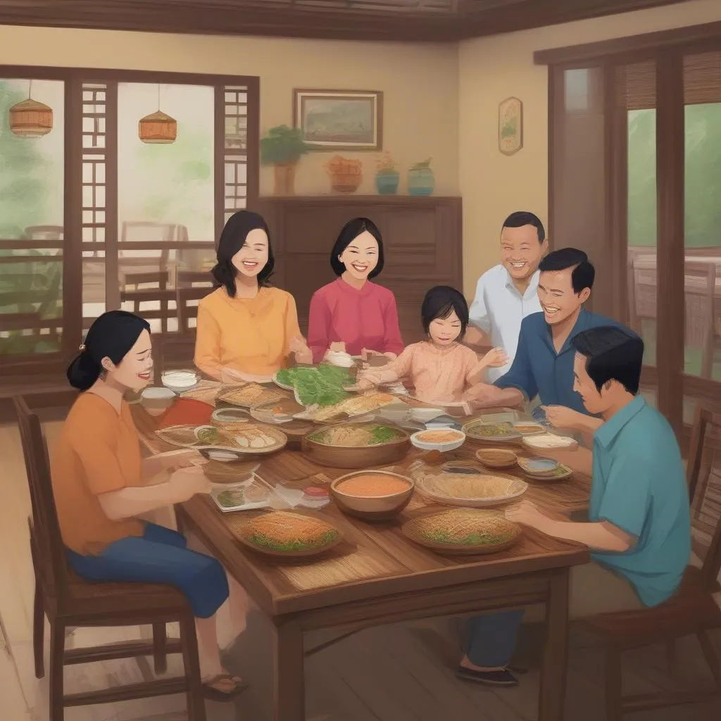 Vietnamese family enjoying their meal