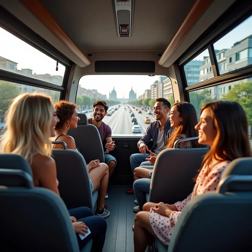 A group of friends enjoying a tour of Hanoi in a spacious van