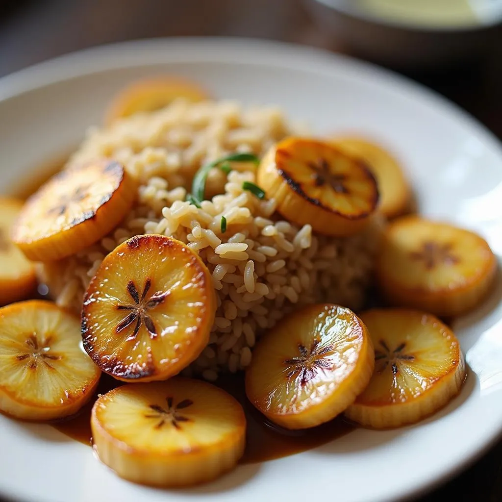 A plate of bananas and sticky rice on a table