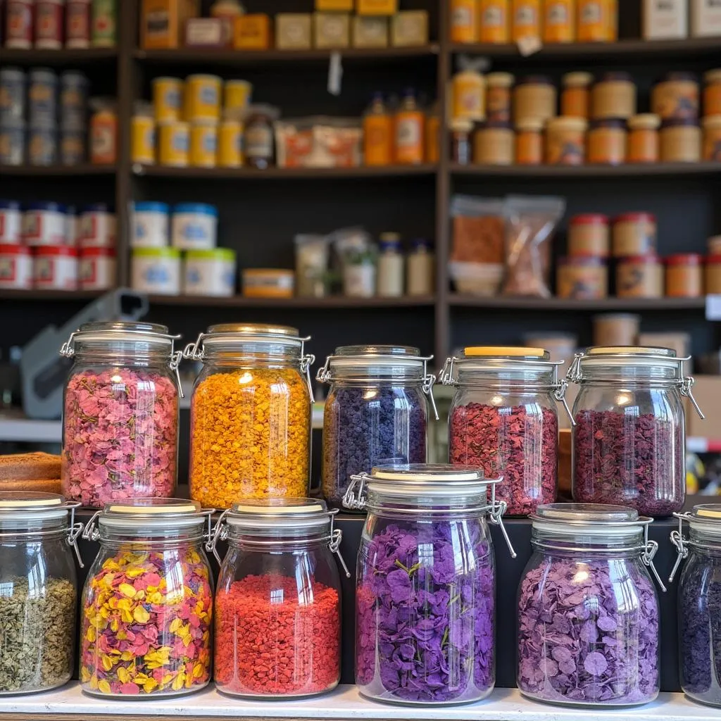 A variety of dried butterfly pea flower products displayed in a shop