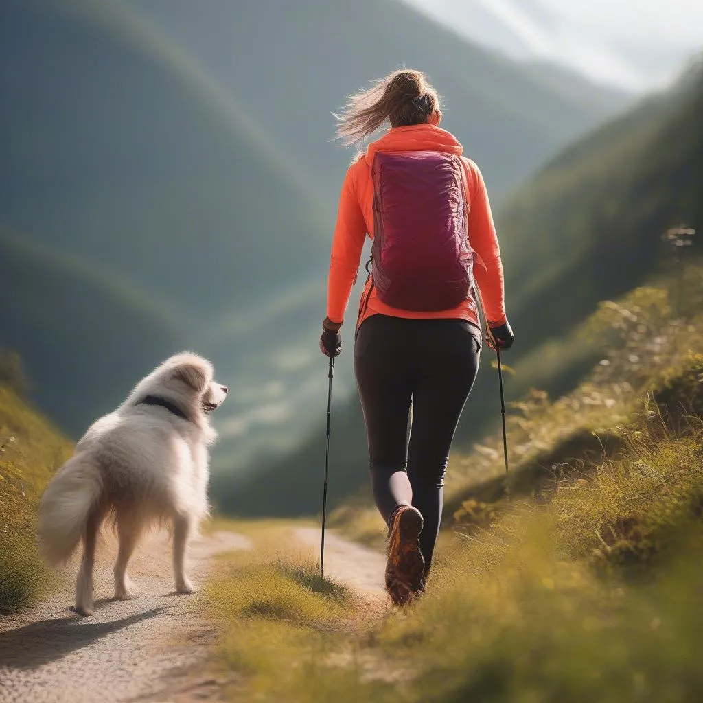 An active woman enjoys hiking with her dog