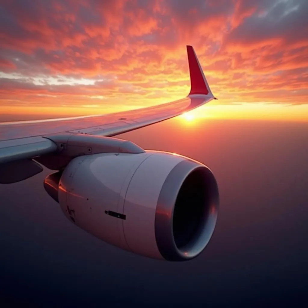 Airplane wing and engine with a sunset background