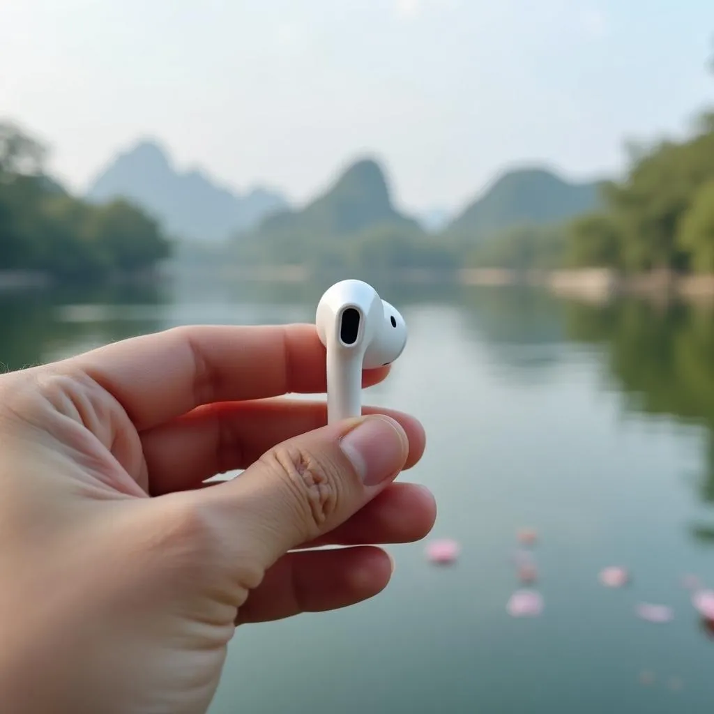 A hand demonstrating the double-tap gesture on an AirPod 2