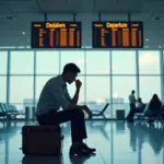 Frustrated traveler waiting at airport