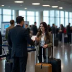 Passengers going through airport security check with luggage