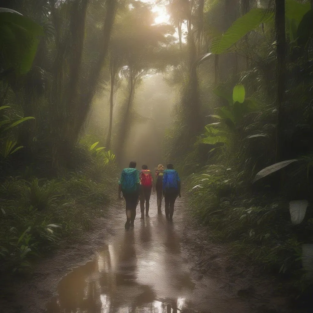 Tourists trekking through the Amazon rainforest