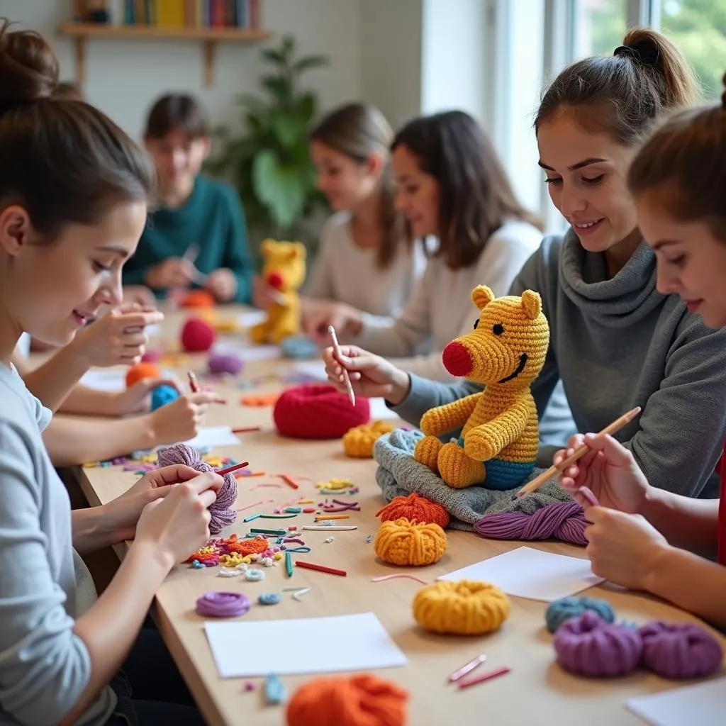 Participants learning to make amigurumi toys at a workshop in Hanoi