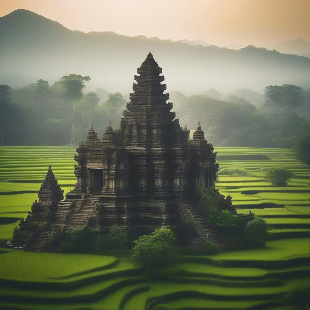 Southeast Asian Temple and Rice Paddy