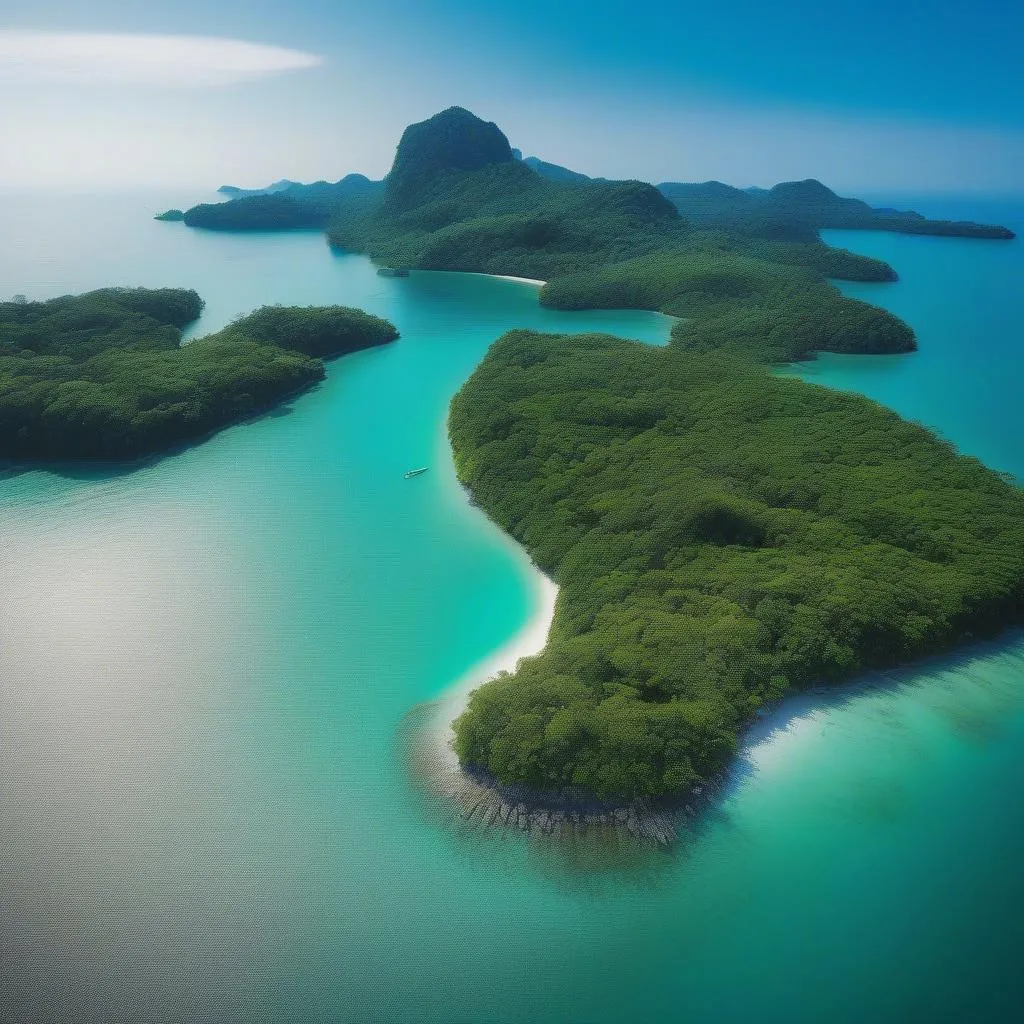 Andaman Sea island with turquoise water, aerial view