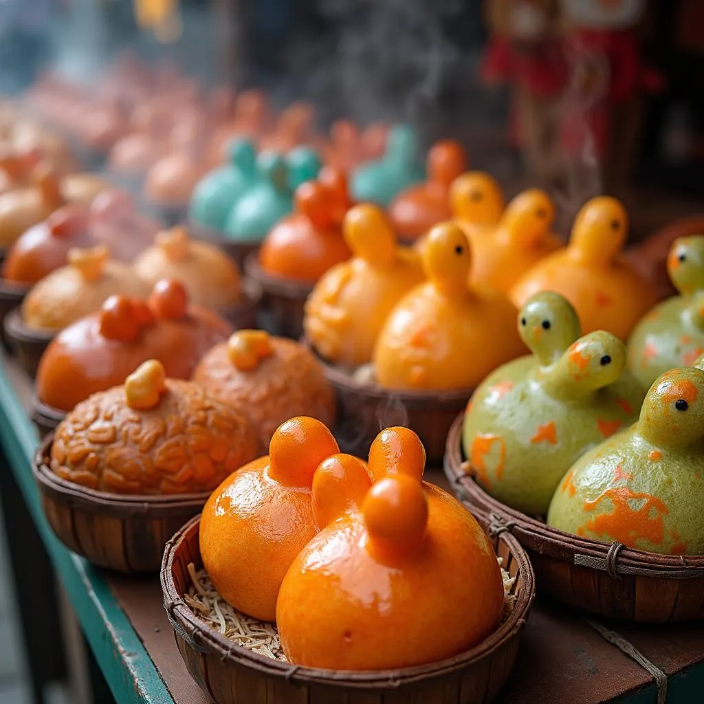 Animal-shaped buns displayed on a street food vendor's stall in Hanoi