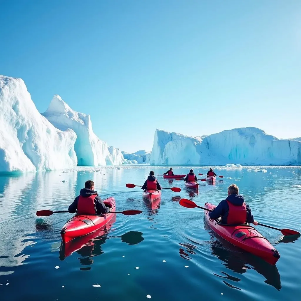 Kayaking among icebergs in Antarctica