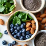 Colorful fruits, vegetables, nuts and seeds on a table