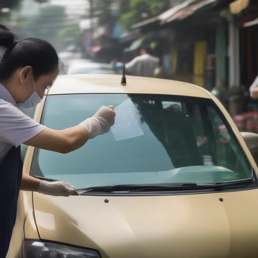 Applying Window Decal in Hanoi