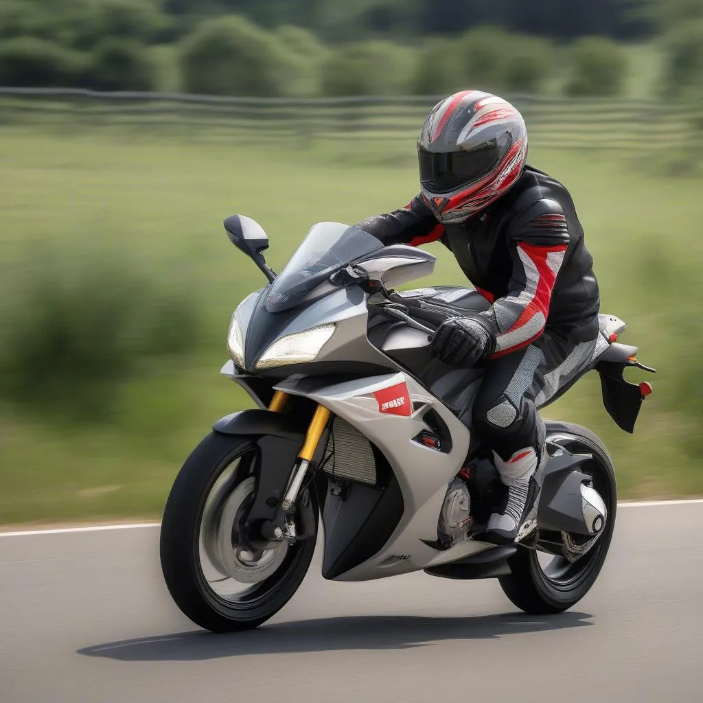 Motorcyclist test riding an Aprilia RS 150