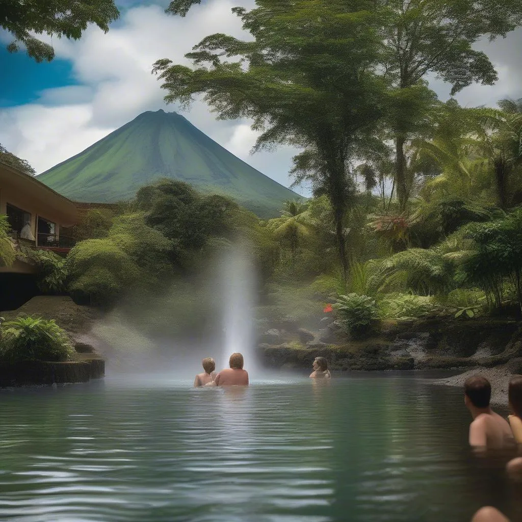 Tourists relaxing in hot springs with Arenal Volcano in the backdrop