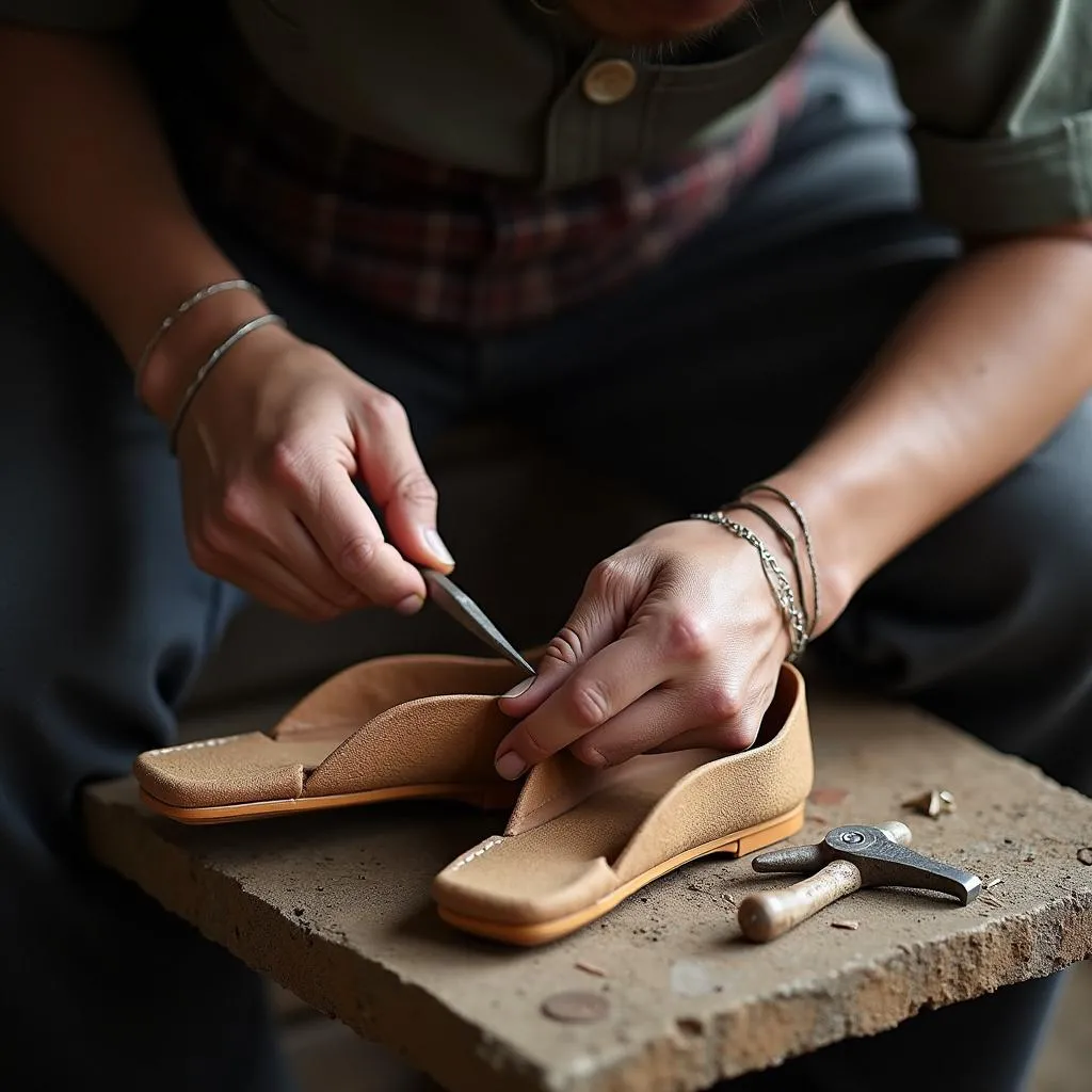 Artisan handcrafting traditional Vietnamese clogs