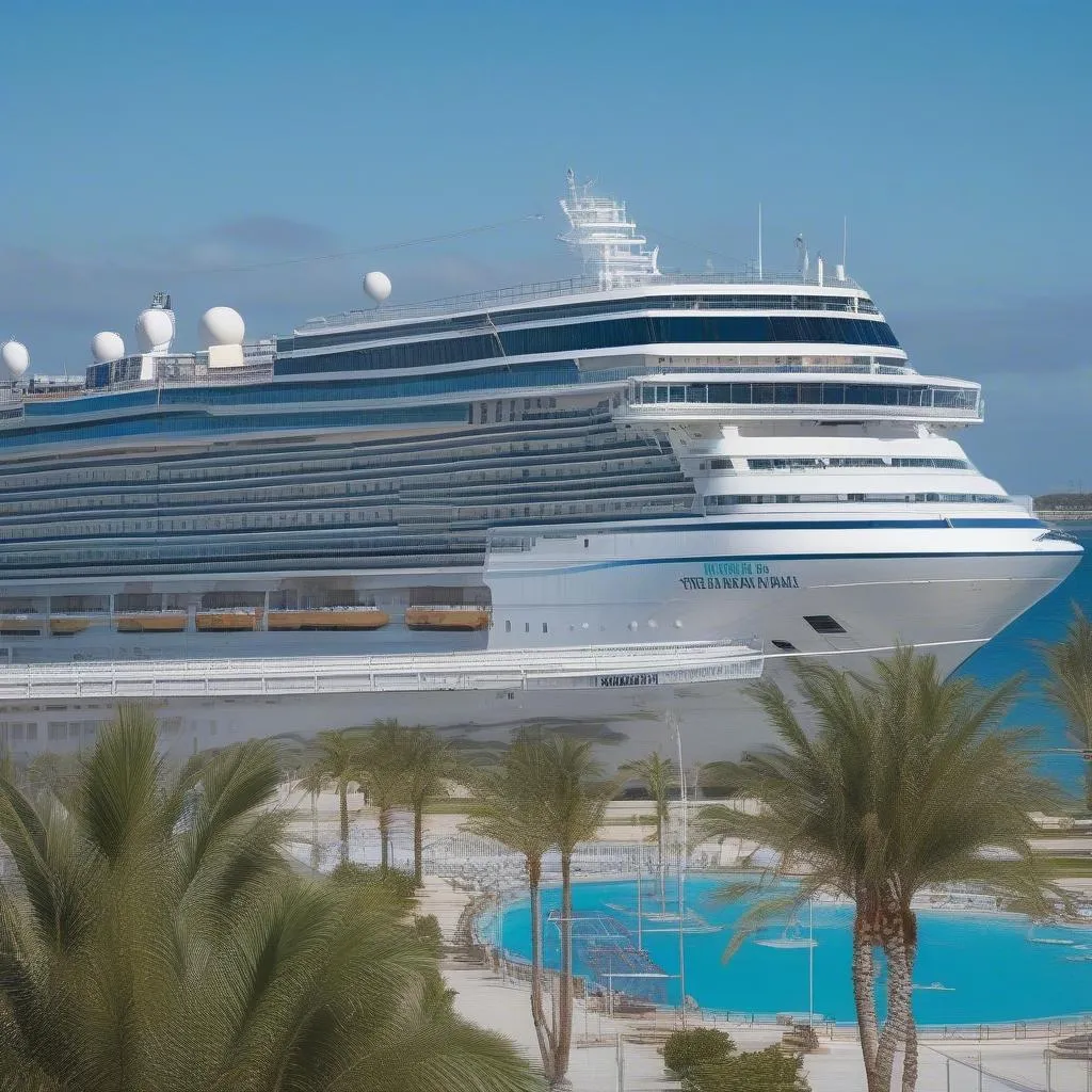 Cruise ship docking at the modern cruise terminal in Oranjestad