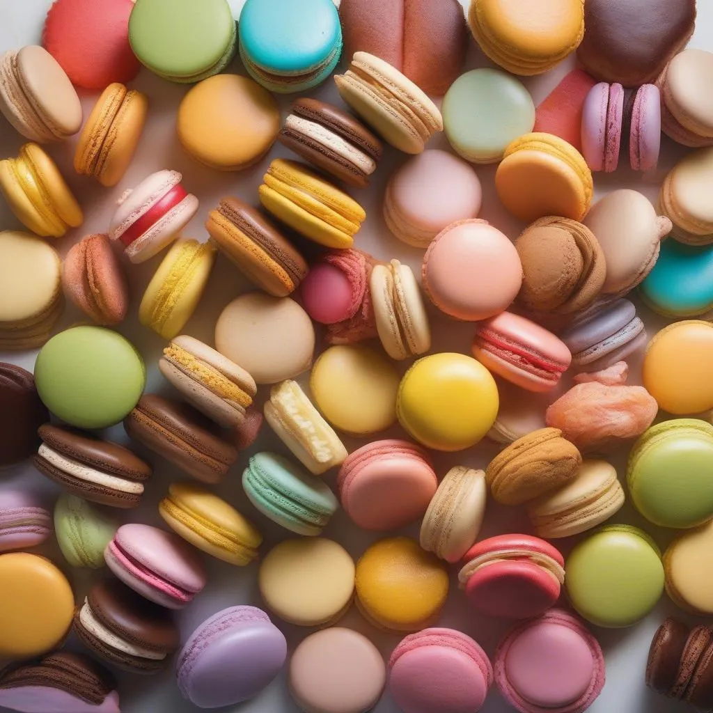 A symmetrical arrangement of colorful French pastries in a square composition.