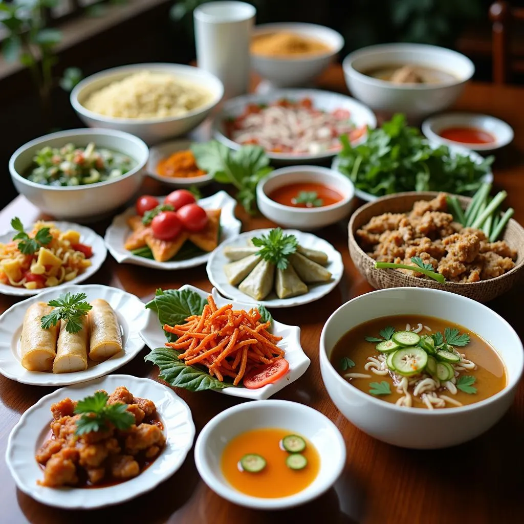 A table full of colorful and diverse Vietnamese dishes, showcasing the rich culinary landscape of Hanoi