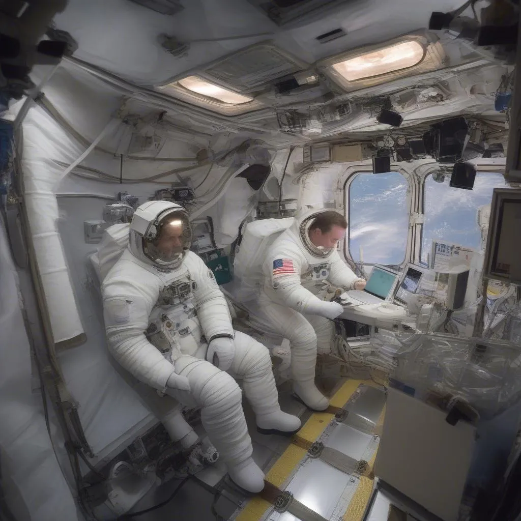 Astronauts working inside the ISS