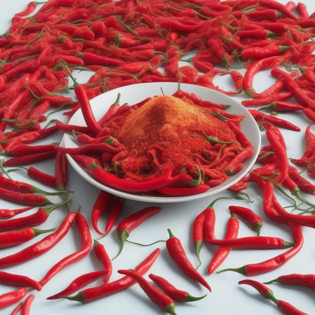 A plate of spicy chili peppers with a warning sign