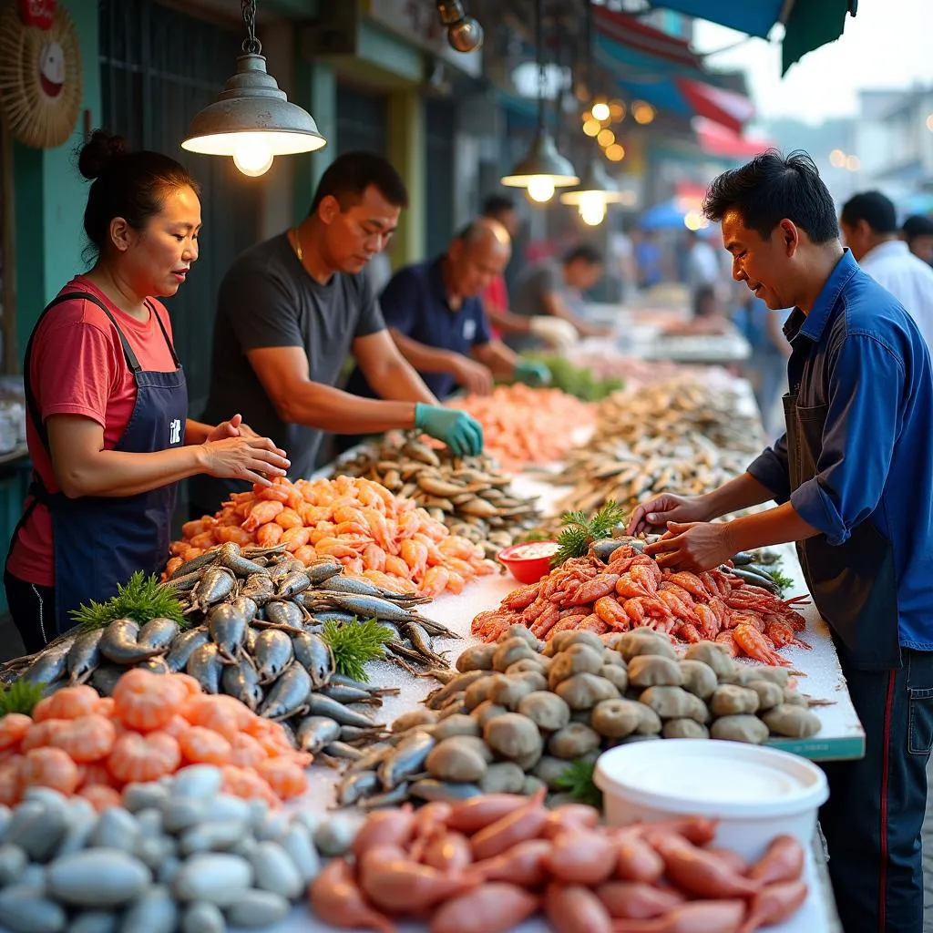 Bustling seafood market in Ba Tri